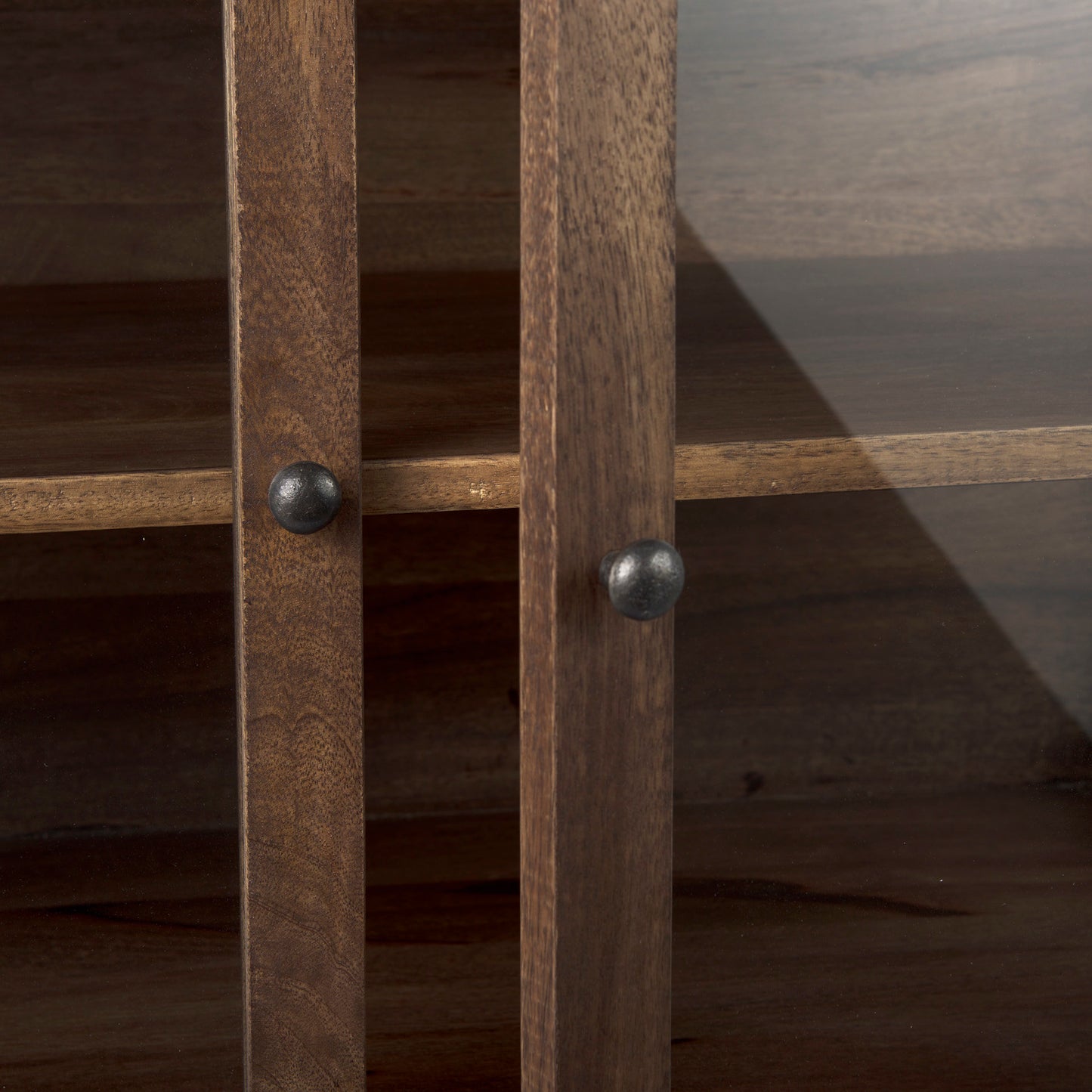 Arelius Medium Brown Wood Accent Cabinet – Glass Doors & Black Metal Base
