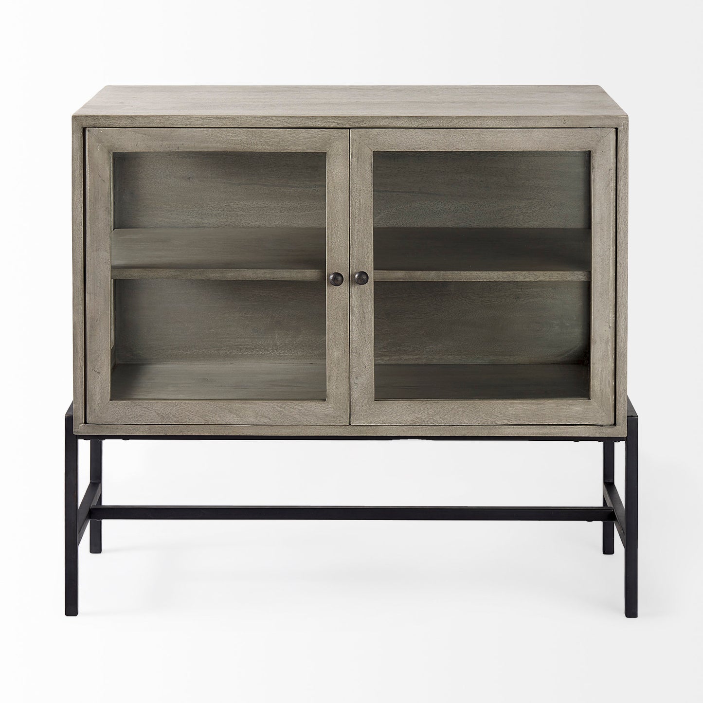 Arelius Medium Brown Wood Accent Cabinet – Glass Doors & Black Metal Base