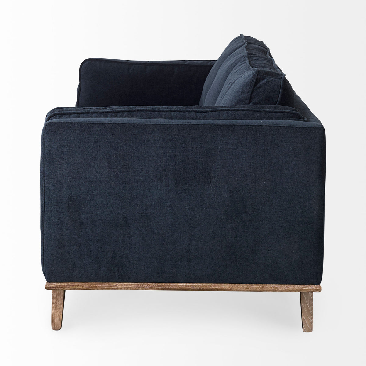 Brooks Navy Blue Fabric Three Seater Sofa W/ Medium Brown Wooden Legs