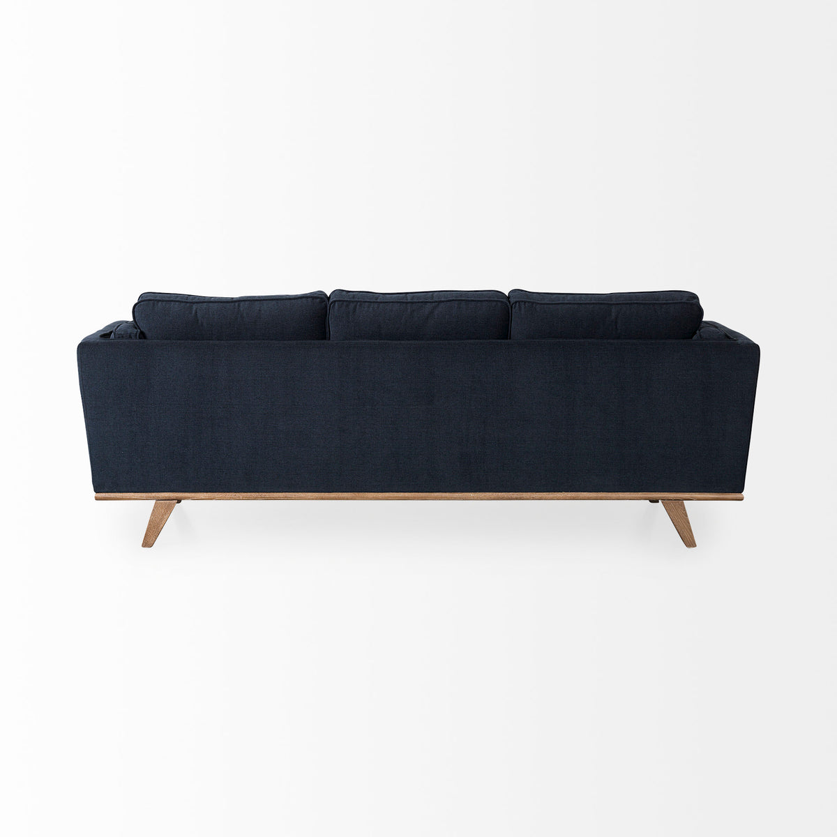 Brooks Navy Blue Fabric Three Seater Sofa W/ Medium Brown Wooden Legs