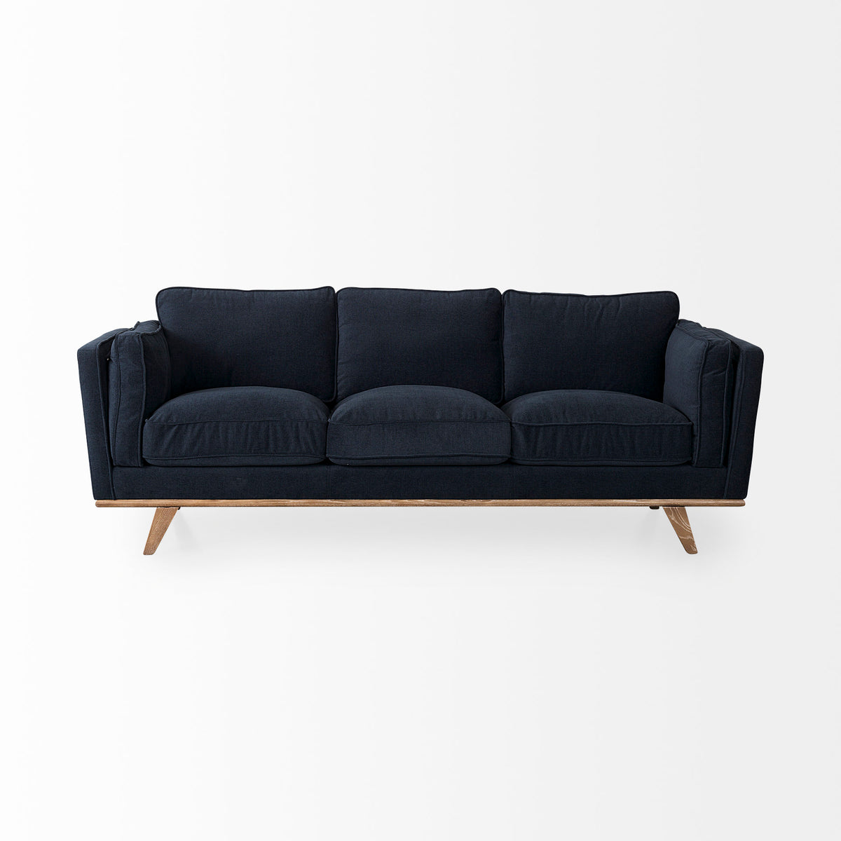 Brooks Navy Blue Fabric Three Seater Sofa W/ Medium Brown Wooden Legs