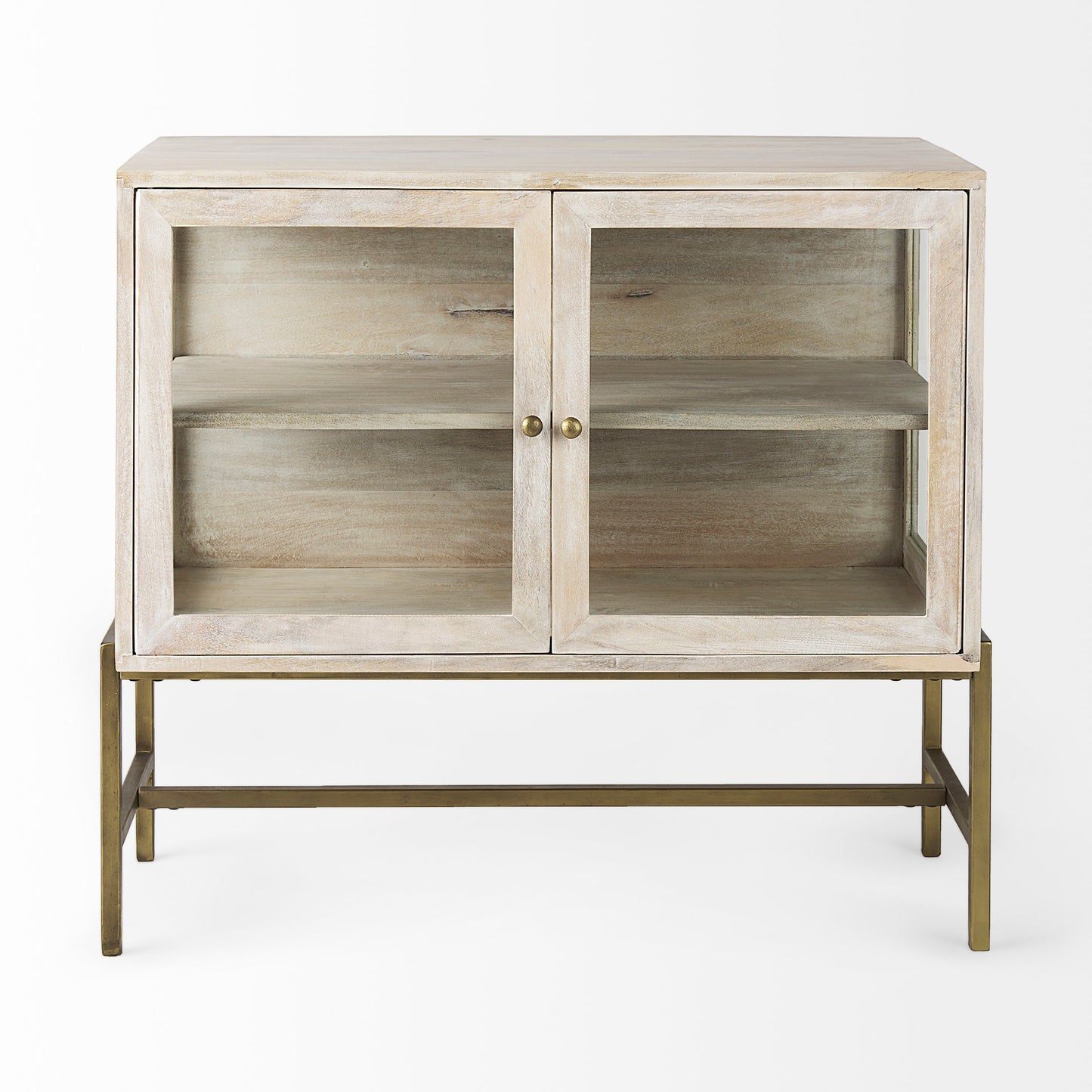 Arelius Medium Brown Wood Accent Cabinet – Glass Doors & Black Metal Base