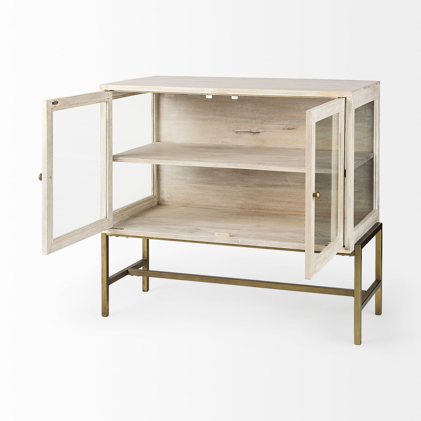 Arelius Medium Brown Wood Accent Cabinet – Glass Doors & Black Metal Base