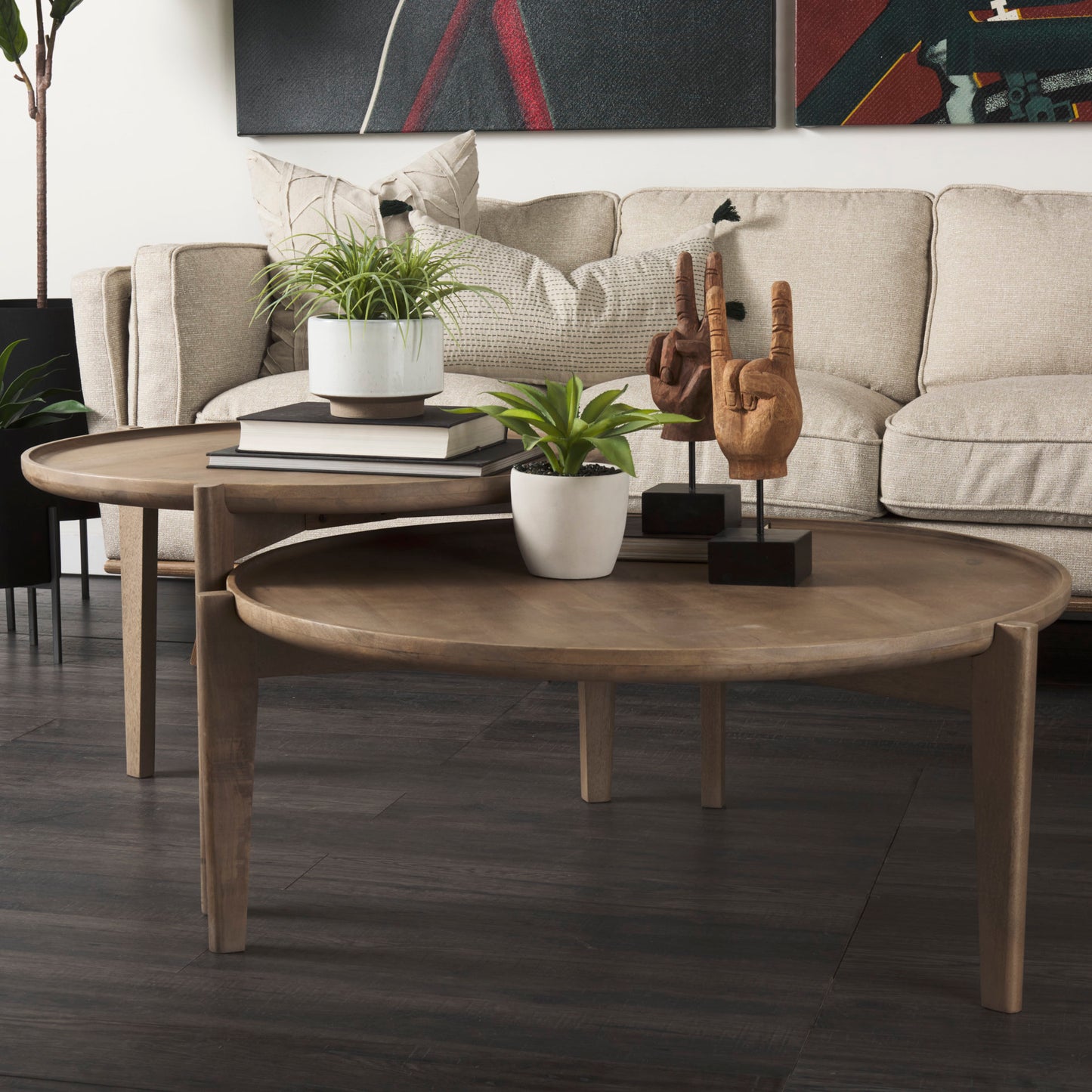 Cleaver Round Brown Solid Wood Nesting Coffee Tables - Set of 2, Versatile and Stylish Living Room Accent