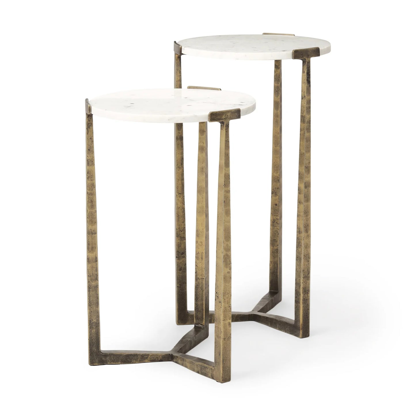 Atticus Nesting Side Tables – Modern Accent Tables with Textured Finish for Contemporary Spaces – Black Wood & Antiqued Gold Hammered Metal – Set of 2