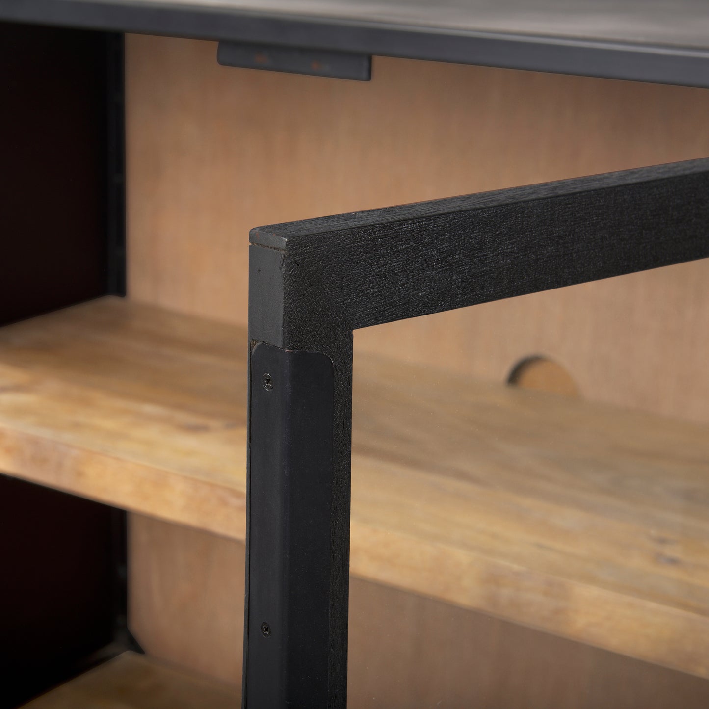 Sloan Black Wood Sideboard with Black Metal Frame for a Sleek and Modern Storage Solution