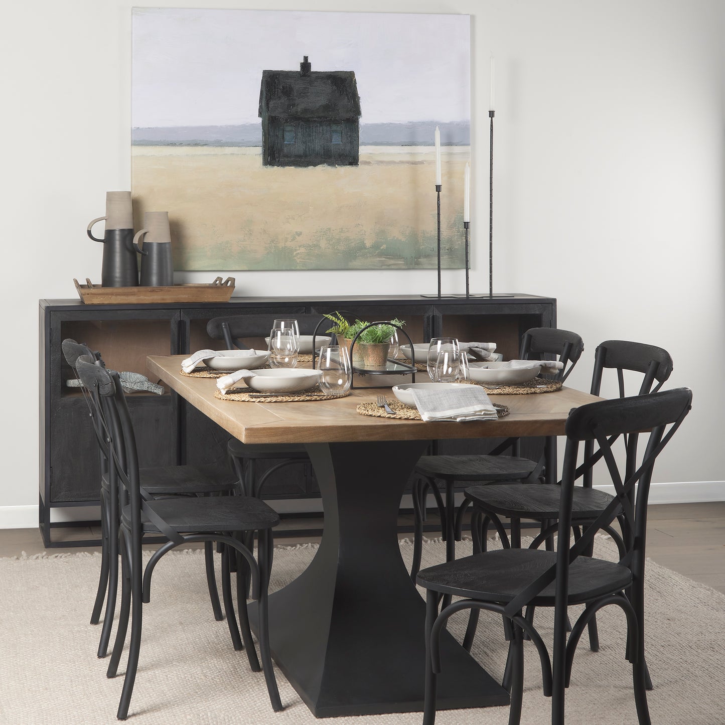 Etienne I Black Solid Wood Seat with Black Iron Frame Dining Chair - Set of 2, Modern and Durable Seating