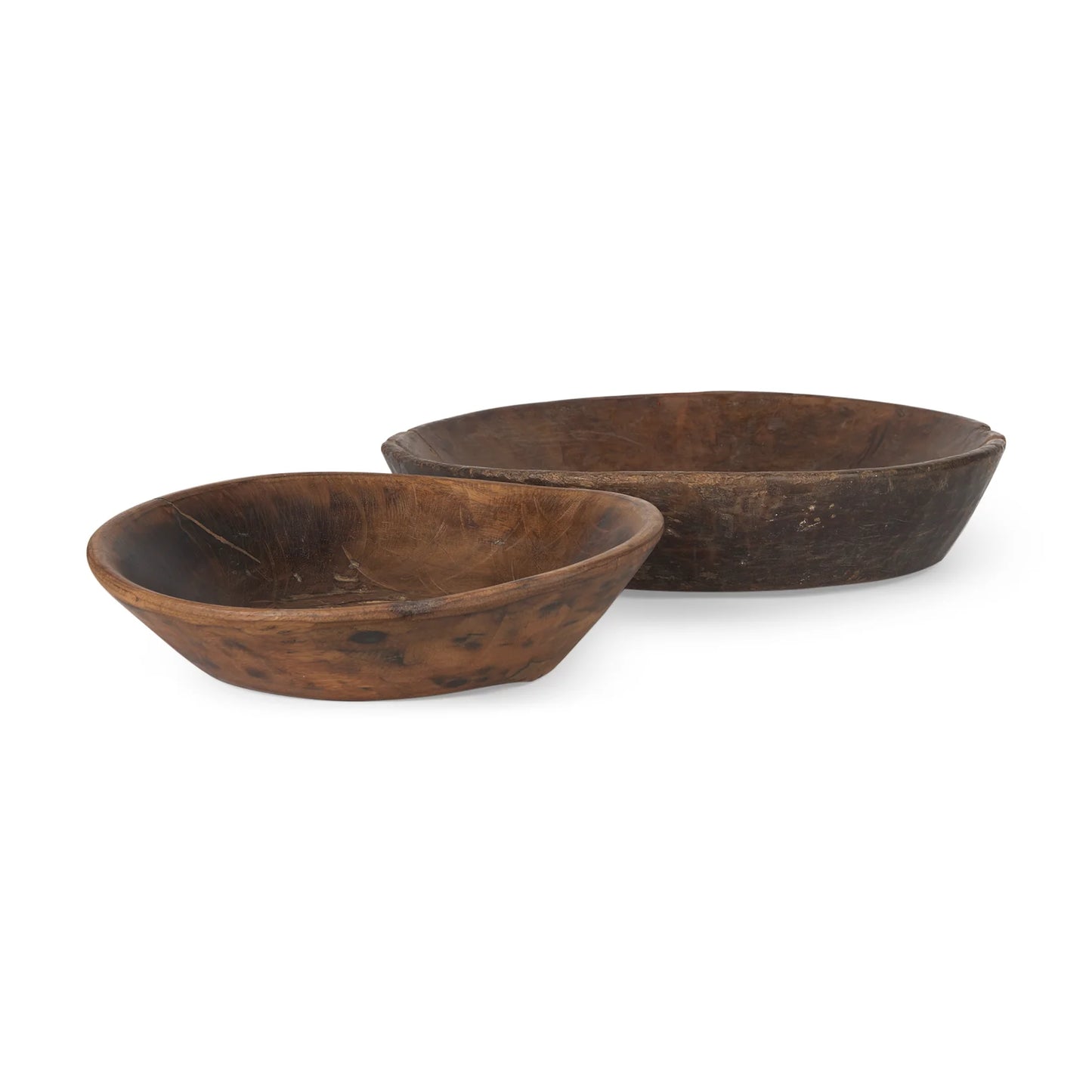 Nikita Stylish Set of 2 Large Reclaimed Wood Bowls in Rich Medium and Dark Brown Stains