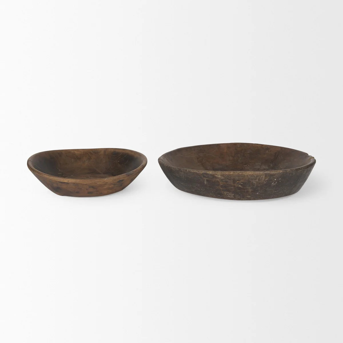 Nikita Stylish Set of 2 Large Reclaimed Wood Bowls in Rich Medium and Dark Brown Stains