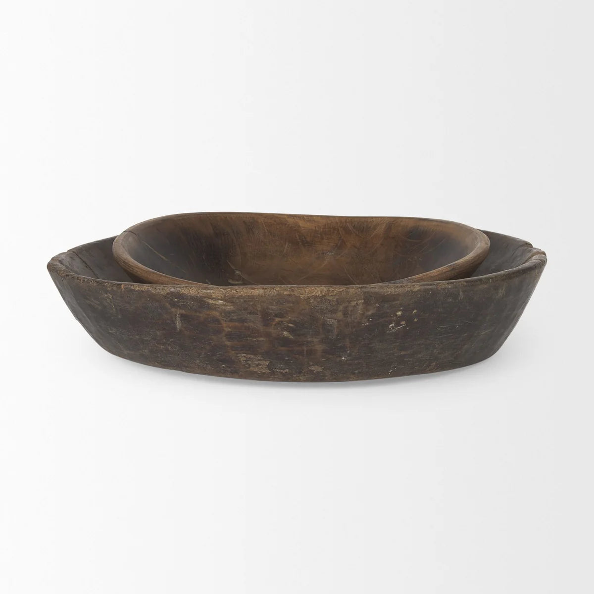 Nikita Stylish Set of 2 Large Reclaimed Wood Bowls in Rich Medium and Dark Brown Stains