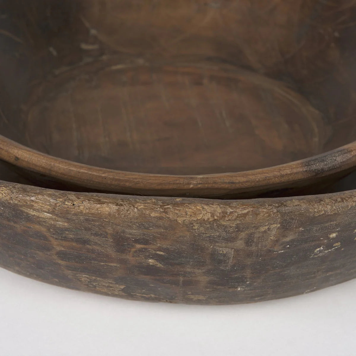 Nikita Stylish Set of 2 Large Reclaimed Wood Bowls in Rich Medium and Dark Brown Stains