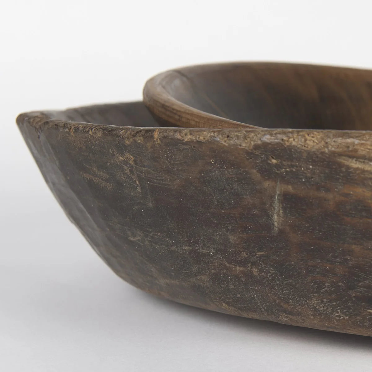 Nikita Stylish Set of 2 Large Reclaimed Wood Bowls in Rich Medium and Dark Brown Stains