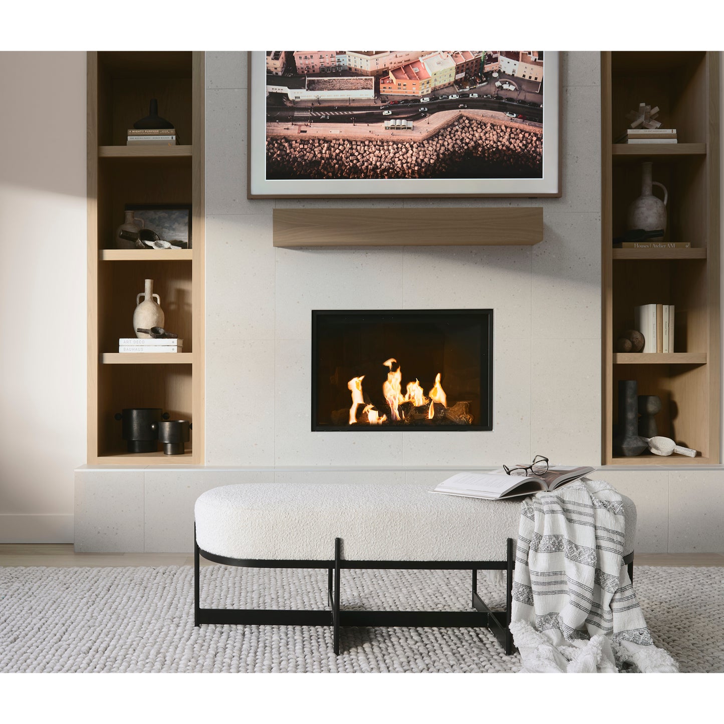 Amelia Cream Bouclé Upholstered Bench with Black Metal - Stylish and Modern Accent Seating