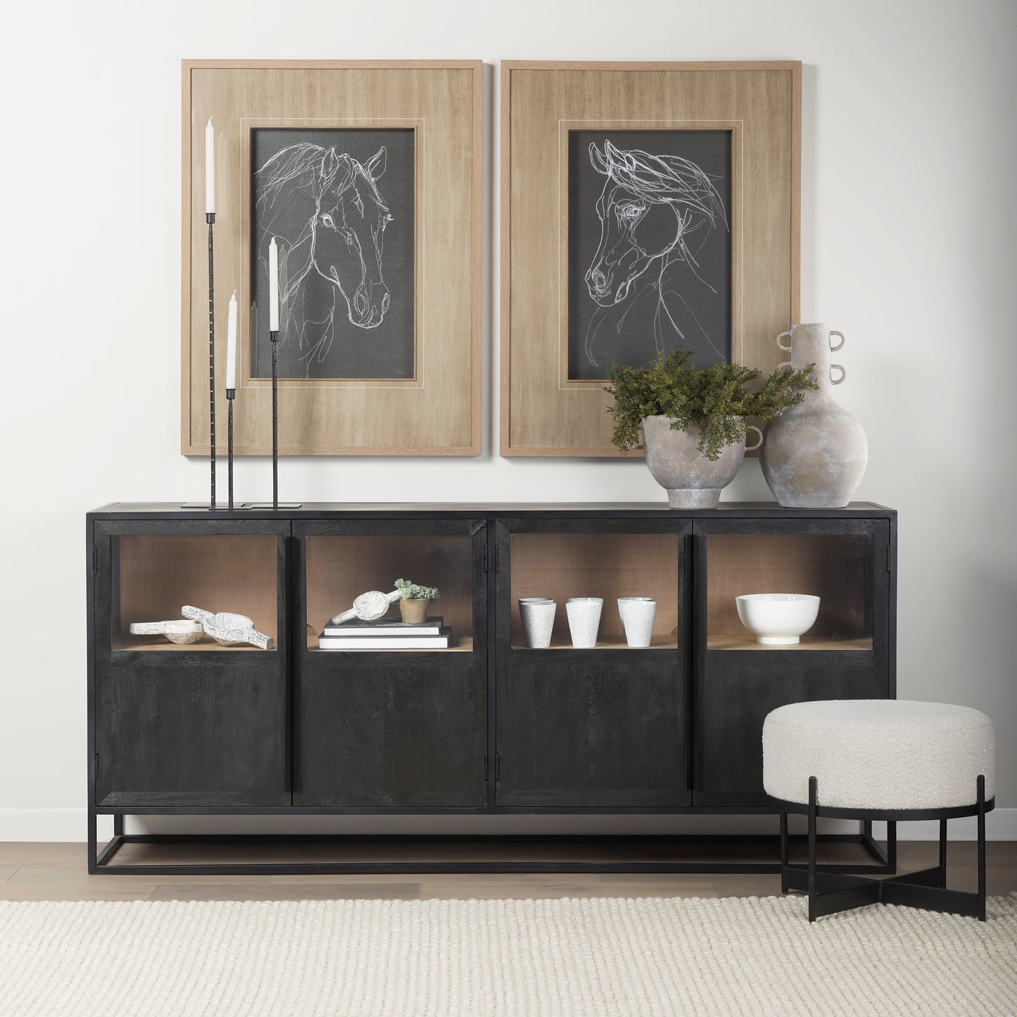 Sloan Black Wood Sideboard with Black Metal Frame for a Sleek and Modern Storage Solution
