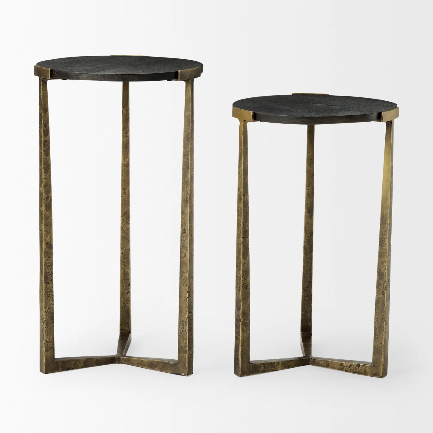 Atticus Nesting Side Tables – Modern Accent Tables with Textured Finish for Contemporary Spaces – Black Wood & Antiqued Gold Hammered Metal – Set of 2