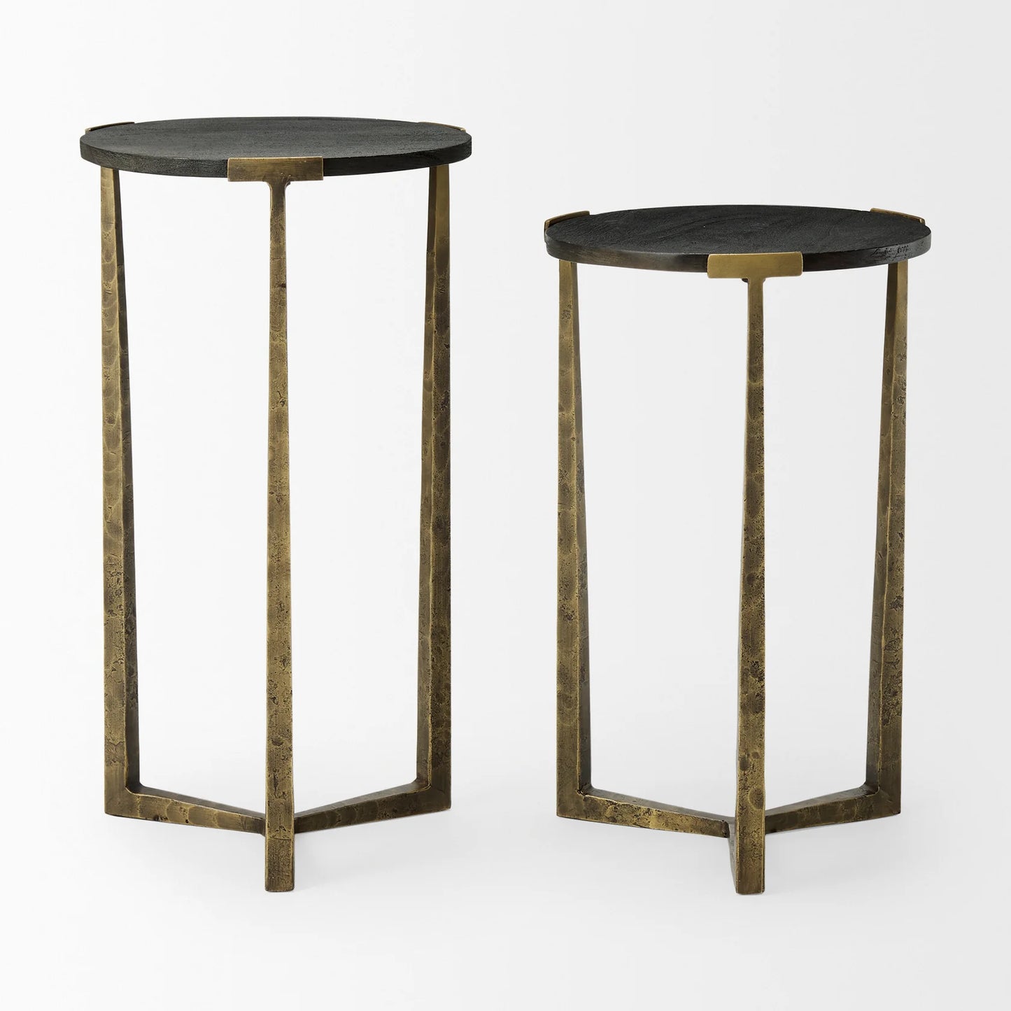 Atticus Nesting Side Tables – Modern Accent Tables with Textured Finish for Contemporary Spaces – Black Wood & Antiqued Gold Hammered Metal – Set of 2