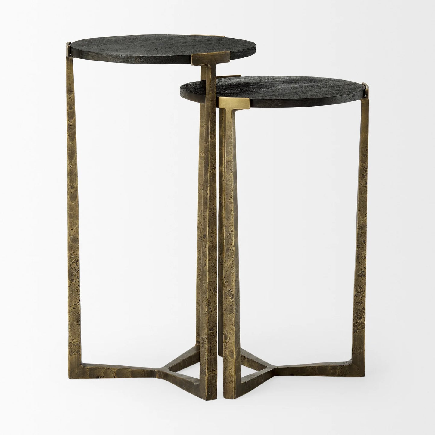 Atticus Nesting Side Tables – Modern Accent Tables with Textured Finish for Contemporary Spaces – Black Wood & Antiqued Gold Hammered Metal – Set of 2