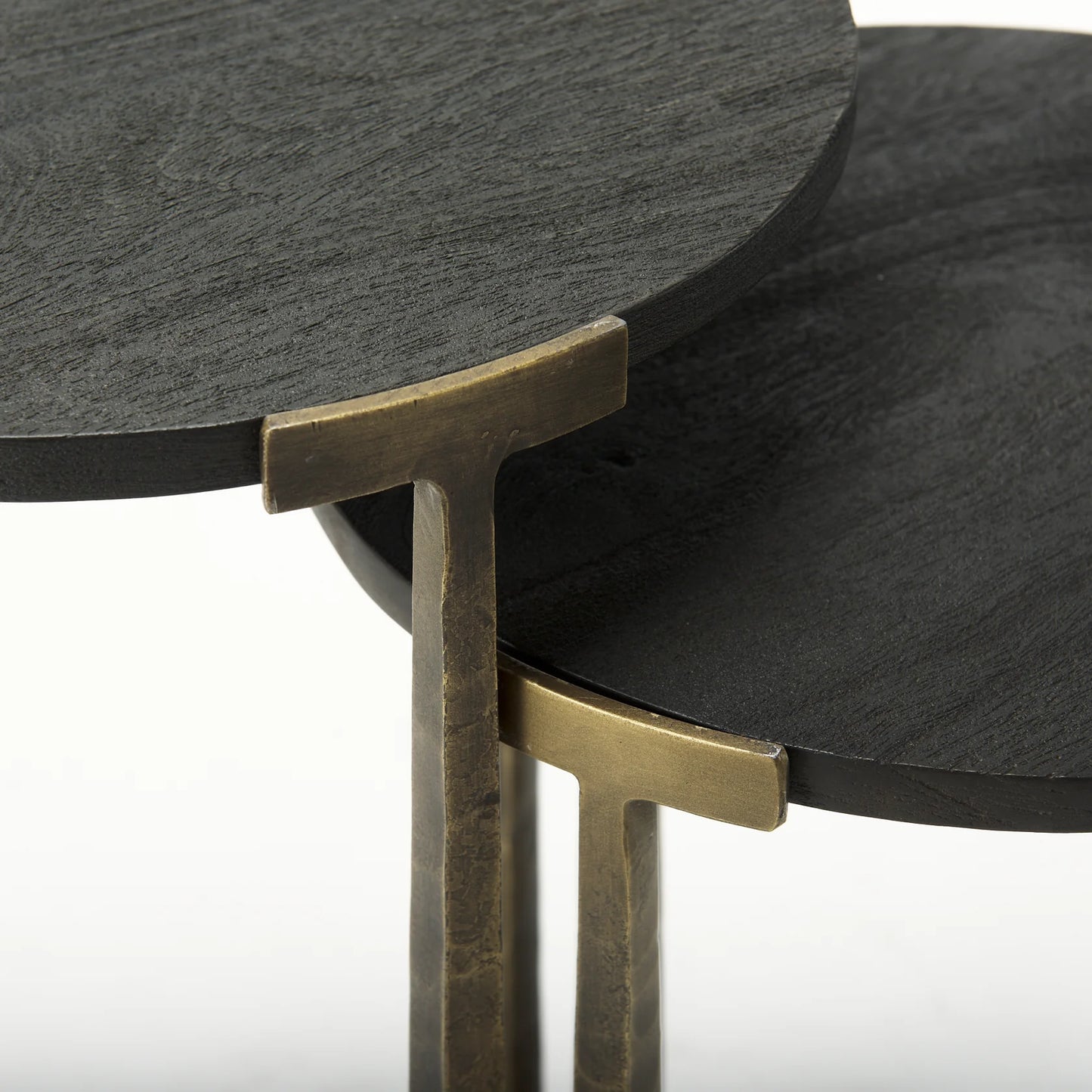 Atticus Nesting Side Tables – Modern Accent Tables with Textured Finish for Contemporary Spaces – Black Wood & Antiqued Gold Hammered Metal – Set of 2