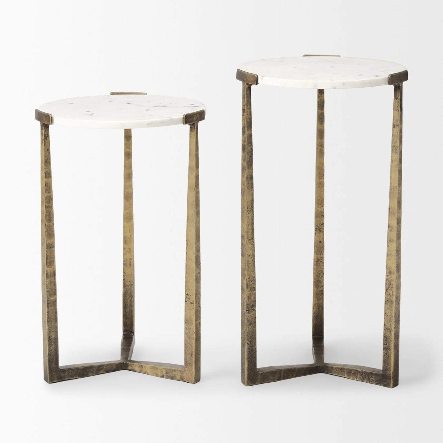 Atticus Nesting Side Tables – Modern Accent Tables with Textured Finish for Contemporary Spaces – Black Wood & Antiqued Gold Hammered Metal – Set of 2