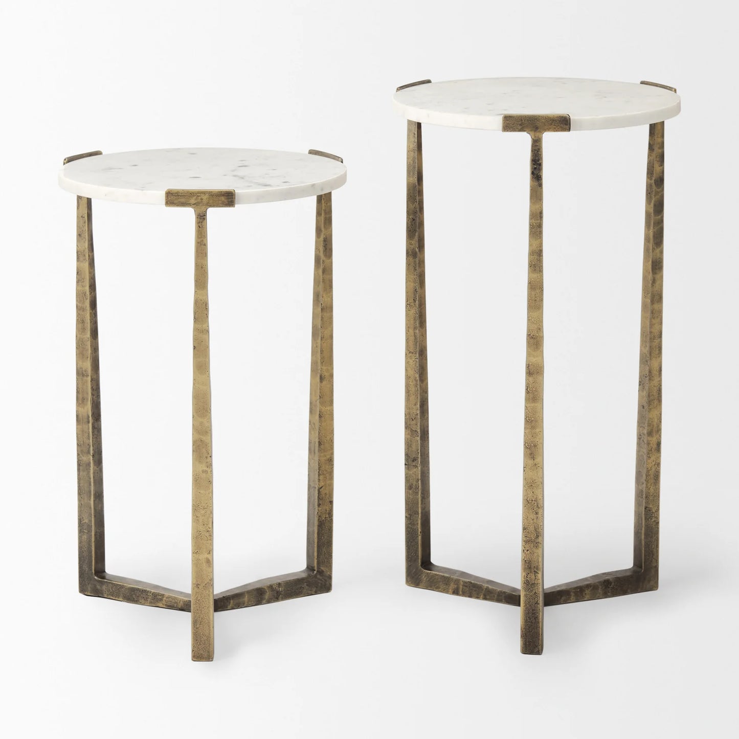 Atticus Nesting Side Tables – Modern Accent Tables with Textured Finish for Contemporary Spaces – Black Wood & Antiqued Gold Hammered Metal – Set of 2