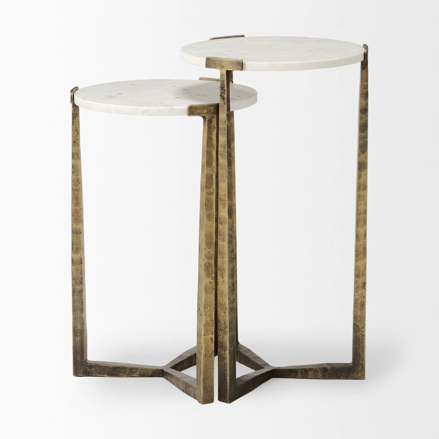 Atticus Nesting Side Tables – Modern Accent Tables with Textured Finish for Contemporary Spaces – Black Wood & Antiqued Gold Hammered Metal – Set of 2