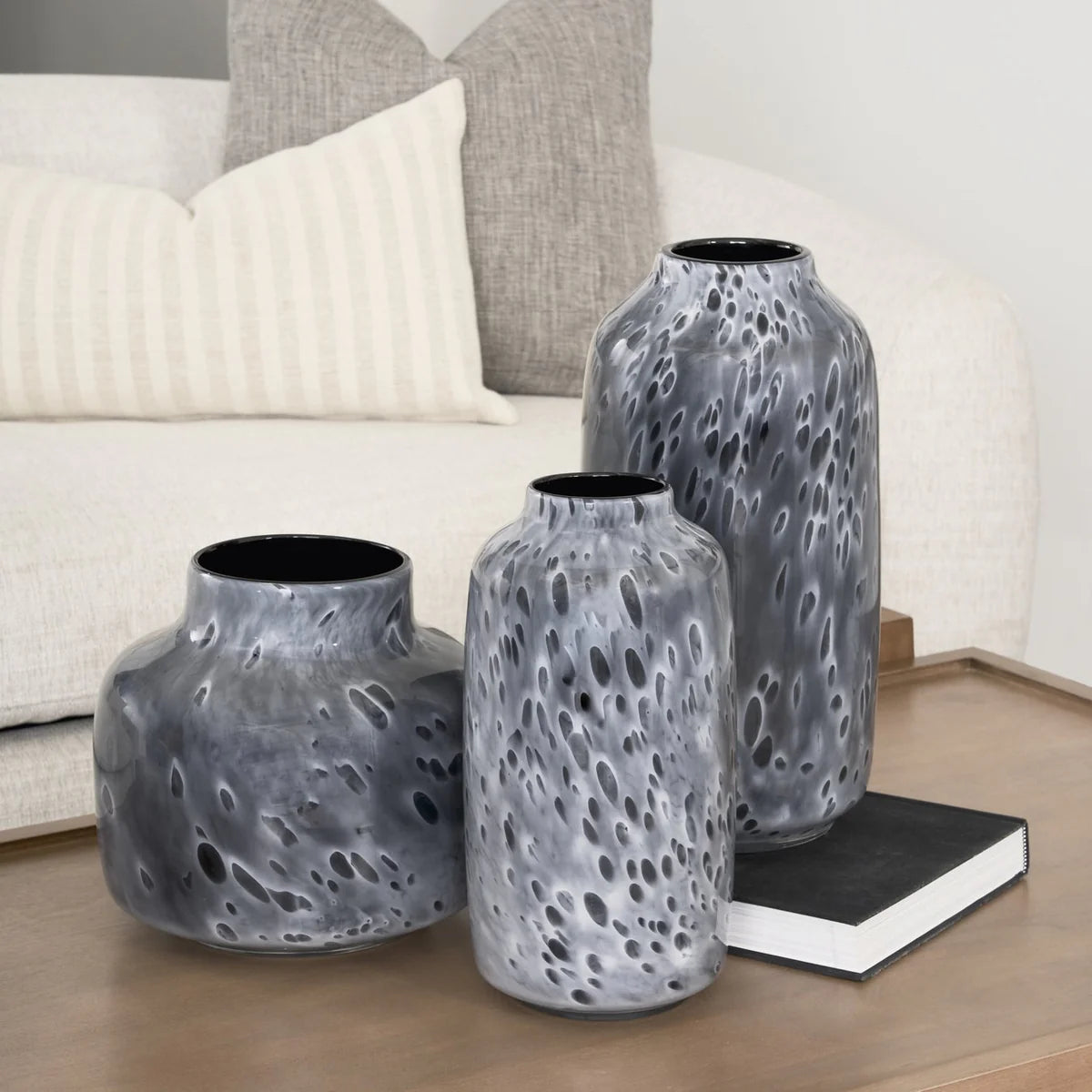 Masai Stunning Black Mottled Glass Vase - Thick, Polished Design with Unique Milky Haze Finish