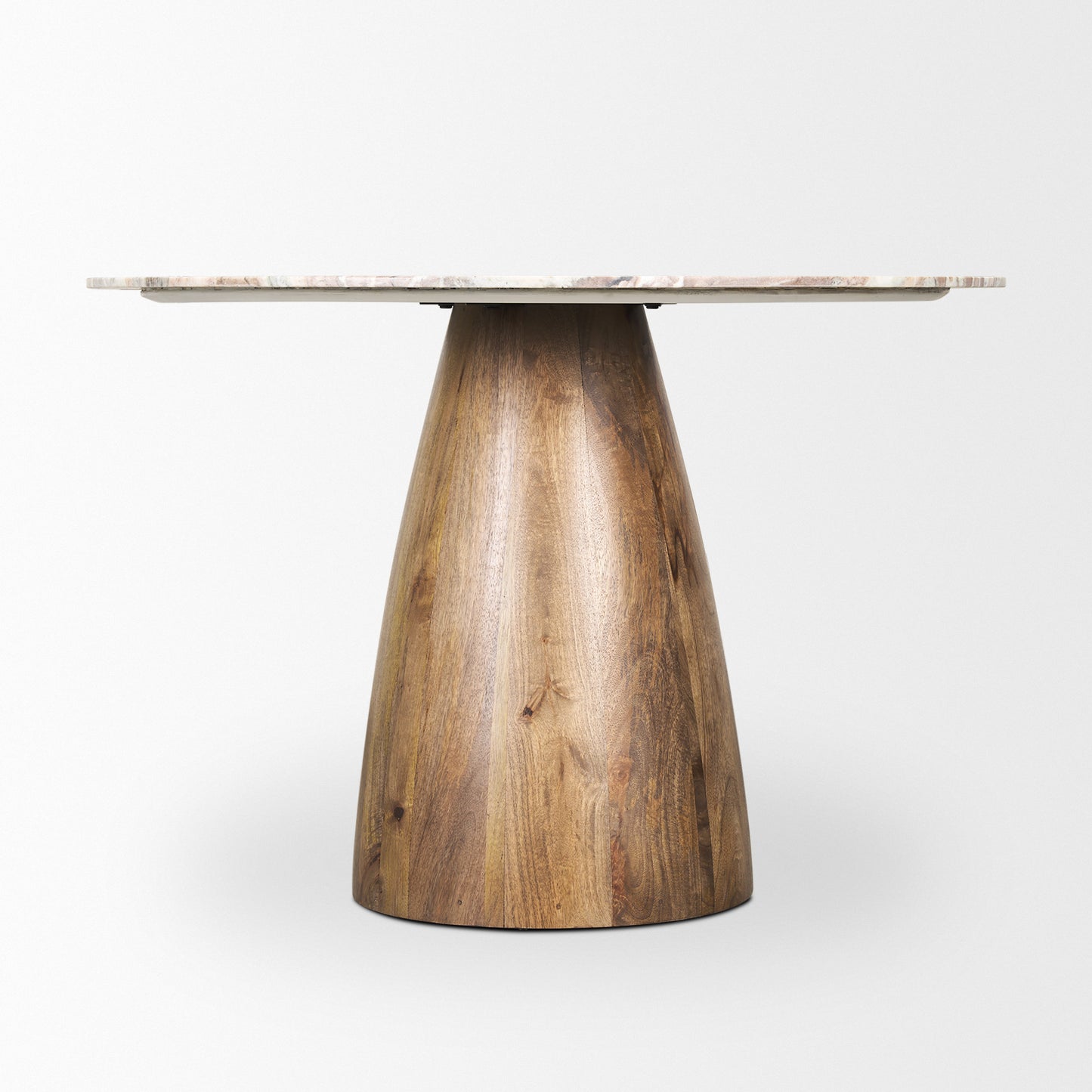 Allyson Round Medium Brown Dining Table with Pink Marble Pedestal for Elegant and Contemporary Dining Spaces