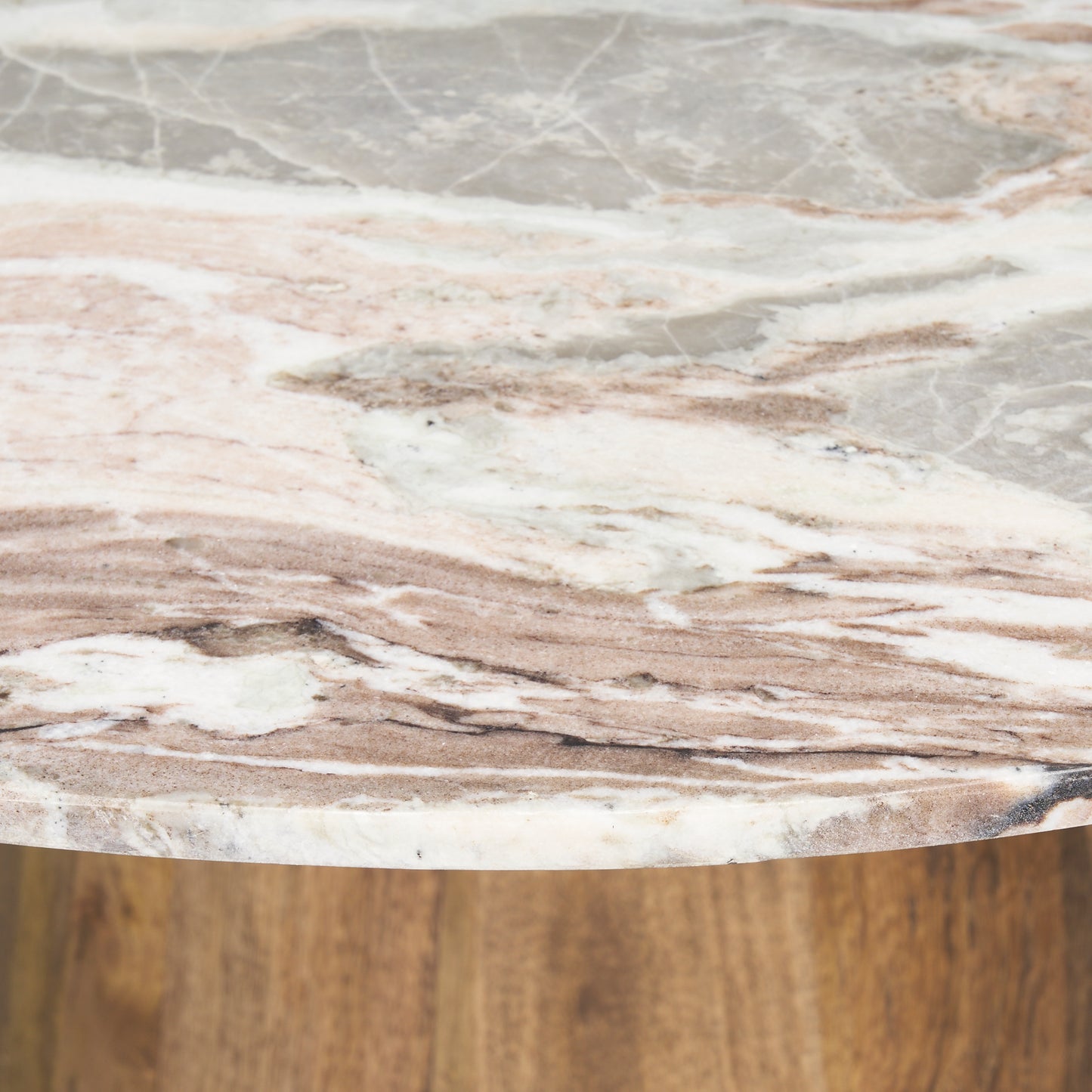 Allyson Round Medium Brown Dining Table with Pink Marble Pedestal for Elegant and Contemporary Dining Spaces