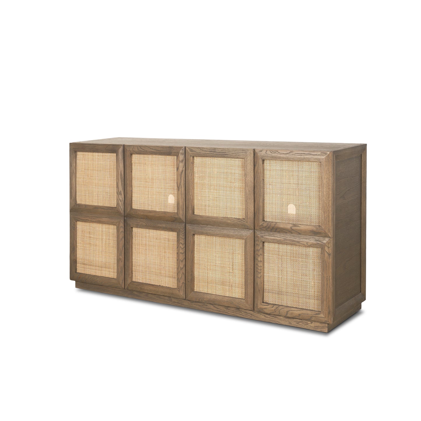 Sina Brown Oak Wood Sideboard with Natural Rattan - Stylish 4-Door Storage Solution
