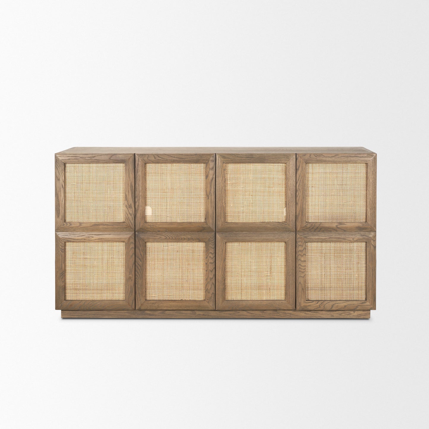 Sina Brown Oak Wood Sideboard with Natural Rattan - Stylish 4-Door Storage Solution