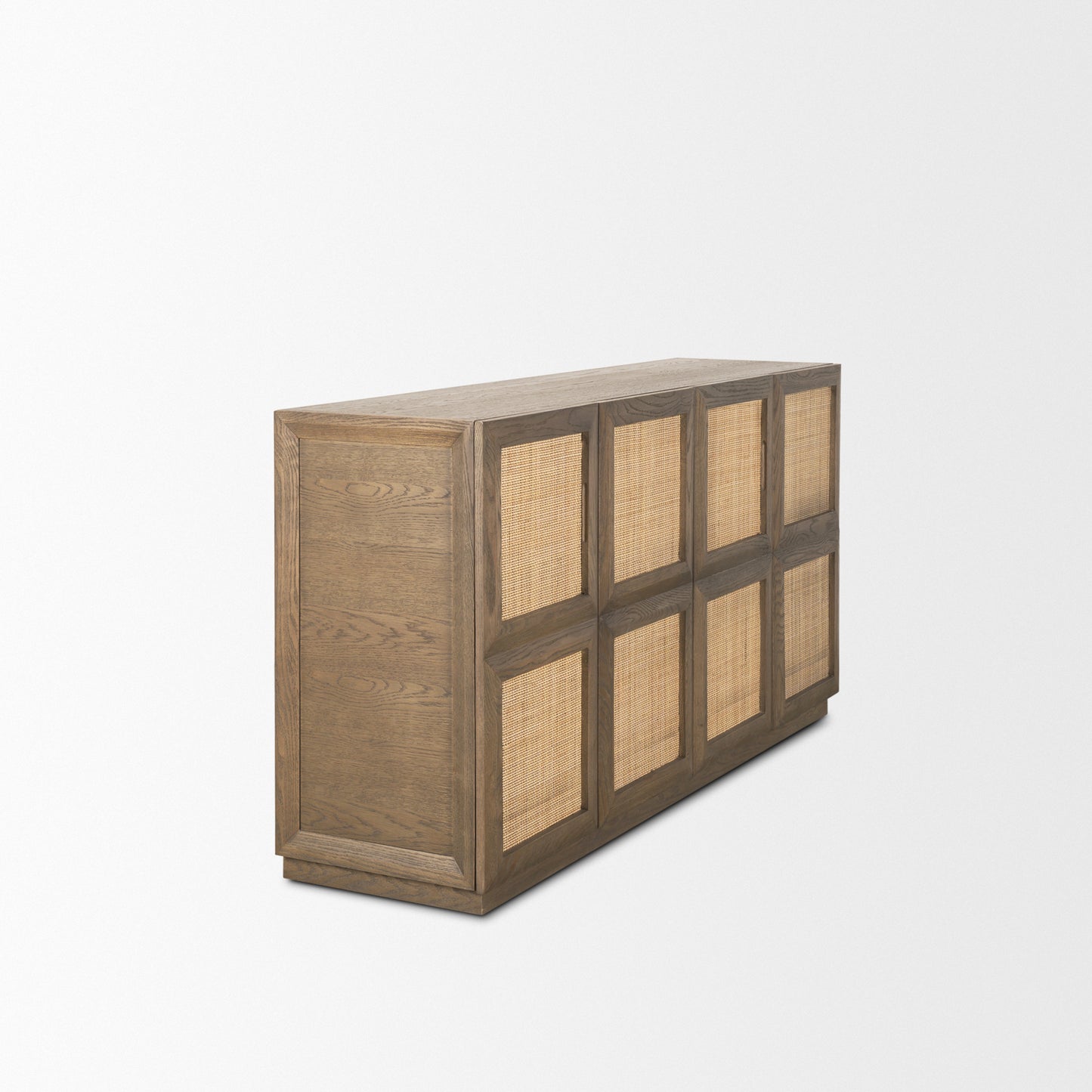 Sina Brown Oak Wood Sideboard with Natural Rattan - Stylish 4-Door Storage Solution