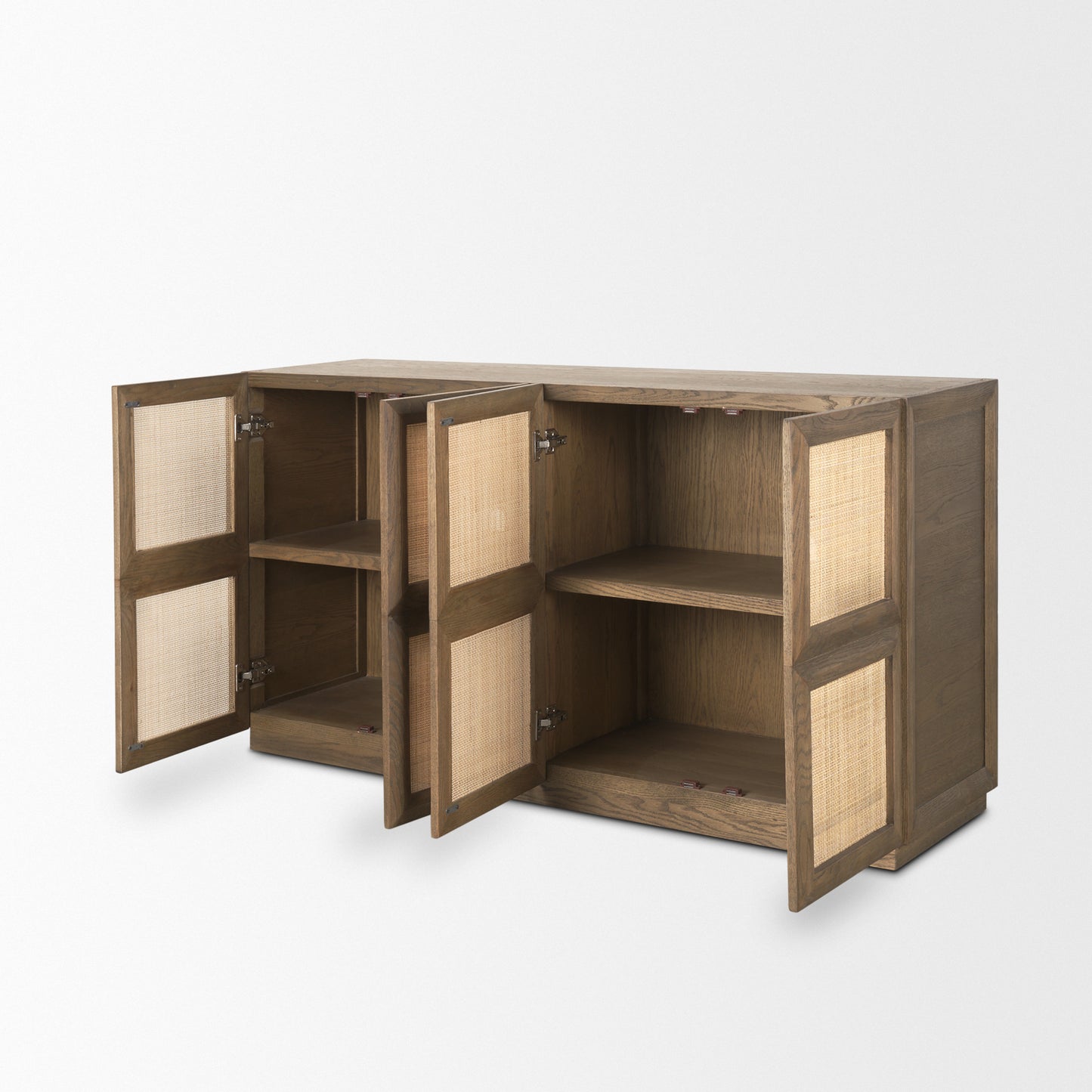 Sina Brown Oak Wood Sideboard with Natural Rattan - Stylish 4-Door Storage Solution
