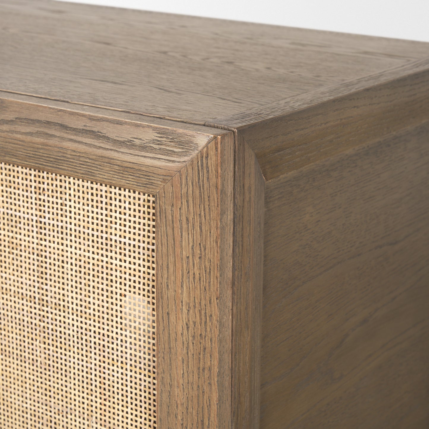Sina Brown Oak Wood Sideboard with Natural Rattan - Stylish 4-Door Storage Solution