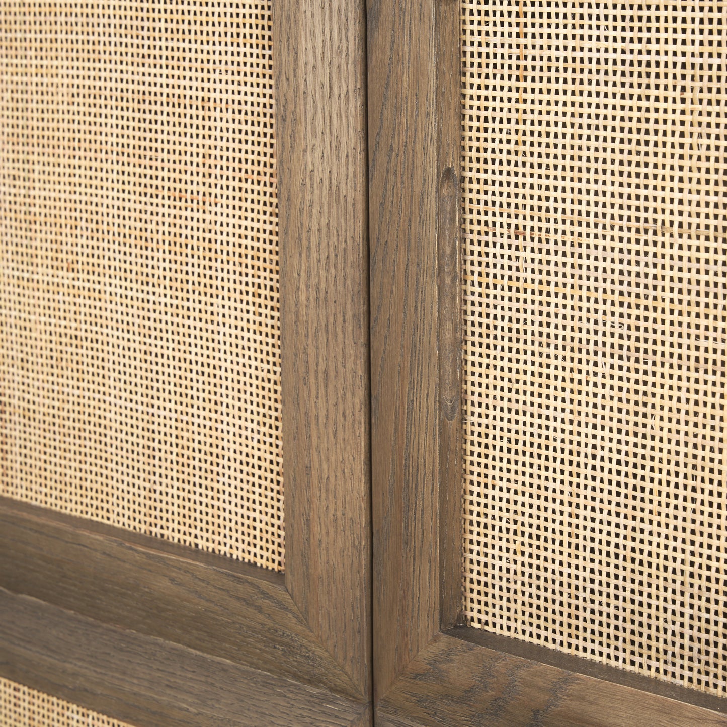 Sina Brown Oak Wood Sideboard with Natural Rattan - Stylish 4-Door Storage Solution