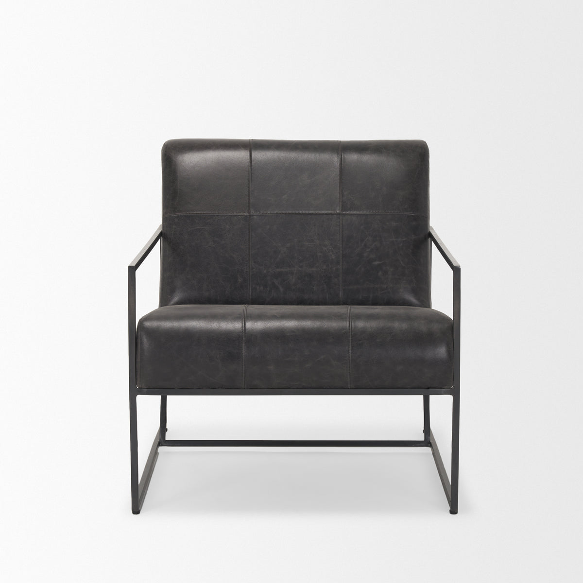 Stratton Gunmetal Genuine Aged Black Leather Upholstered Accent Chair