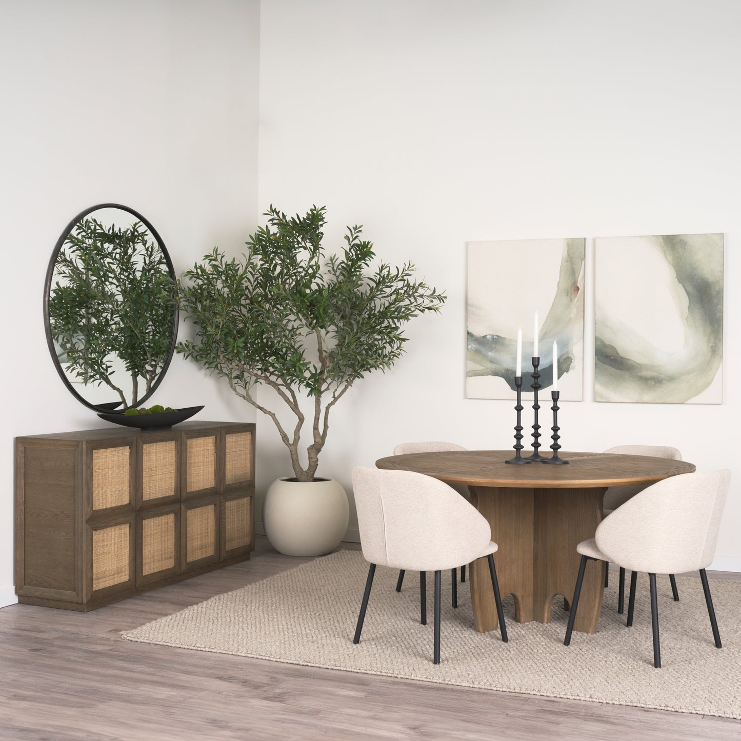 Sina Brown Oak Wood Sideboard with Natural Rattan - Stylish 4-Door Storage Solution