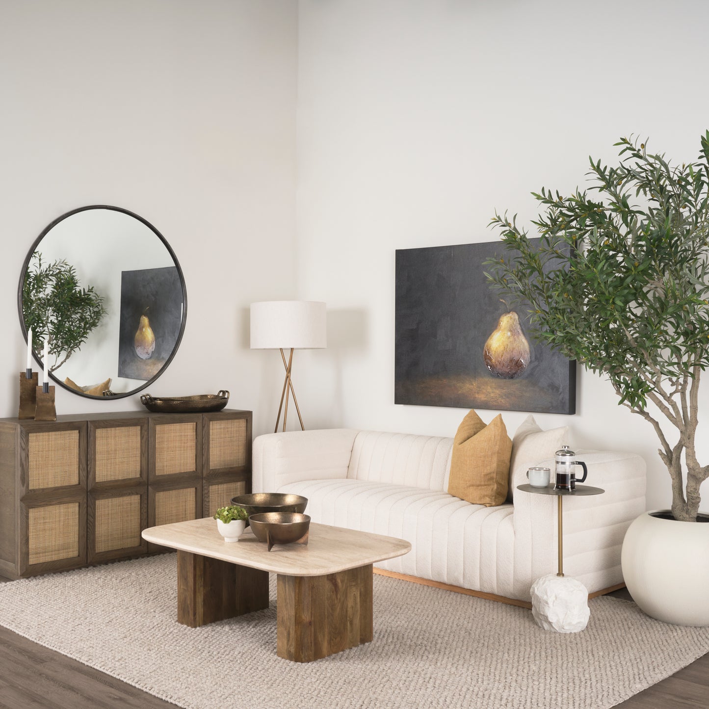 Sina Brown Oak Wood Sideboard with Natural Rattan - Stylish 4-Door Storage Solution