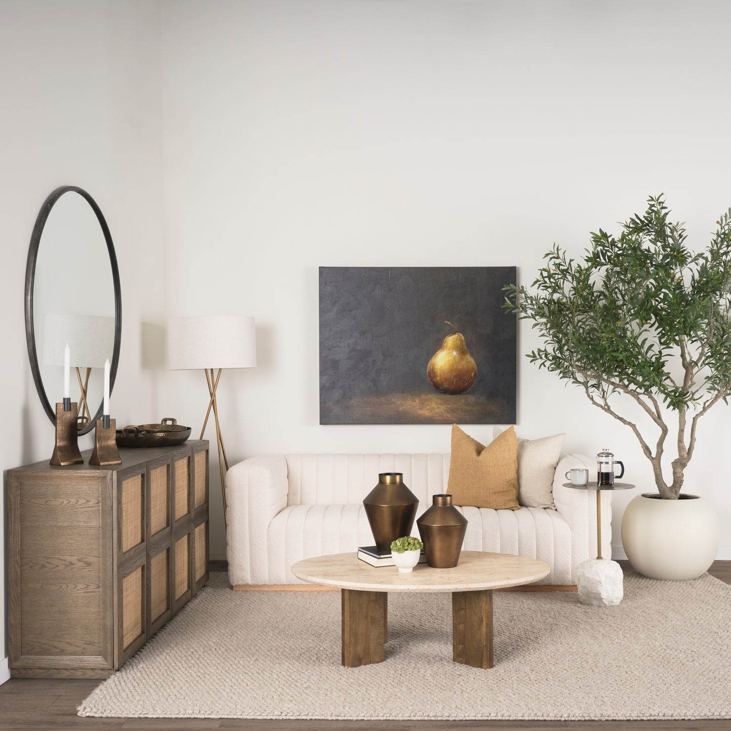 Sina Brown Oak Wood Sideboard with Natural Rattan - Stylish 4-Door Storage Solution
