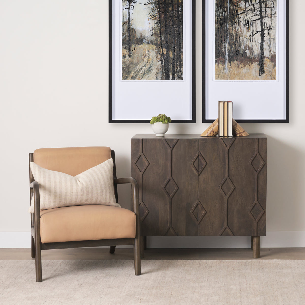 Cashel Accent Chair W Dark Brown Wood and Tan Genuine Leather