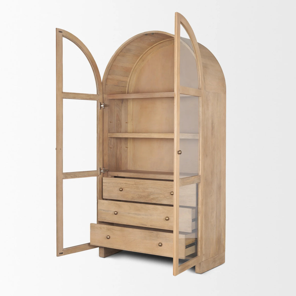 Suri Light Brown Wood with Glass Doors Arched Curio Cabinet