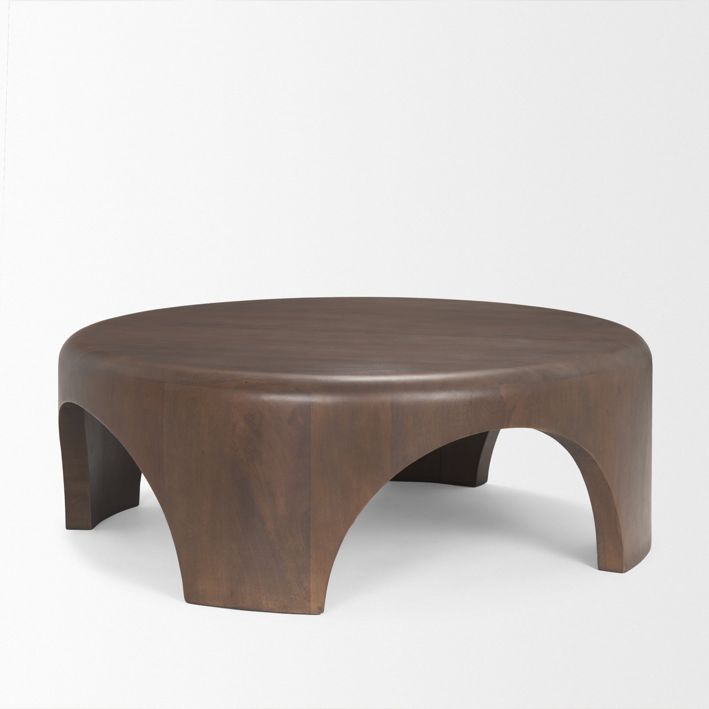 Shima Round Dark Brown Wood Coffee Table with Arched Legs - Elegant and Modern Living Room Accent