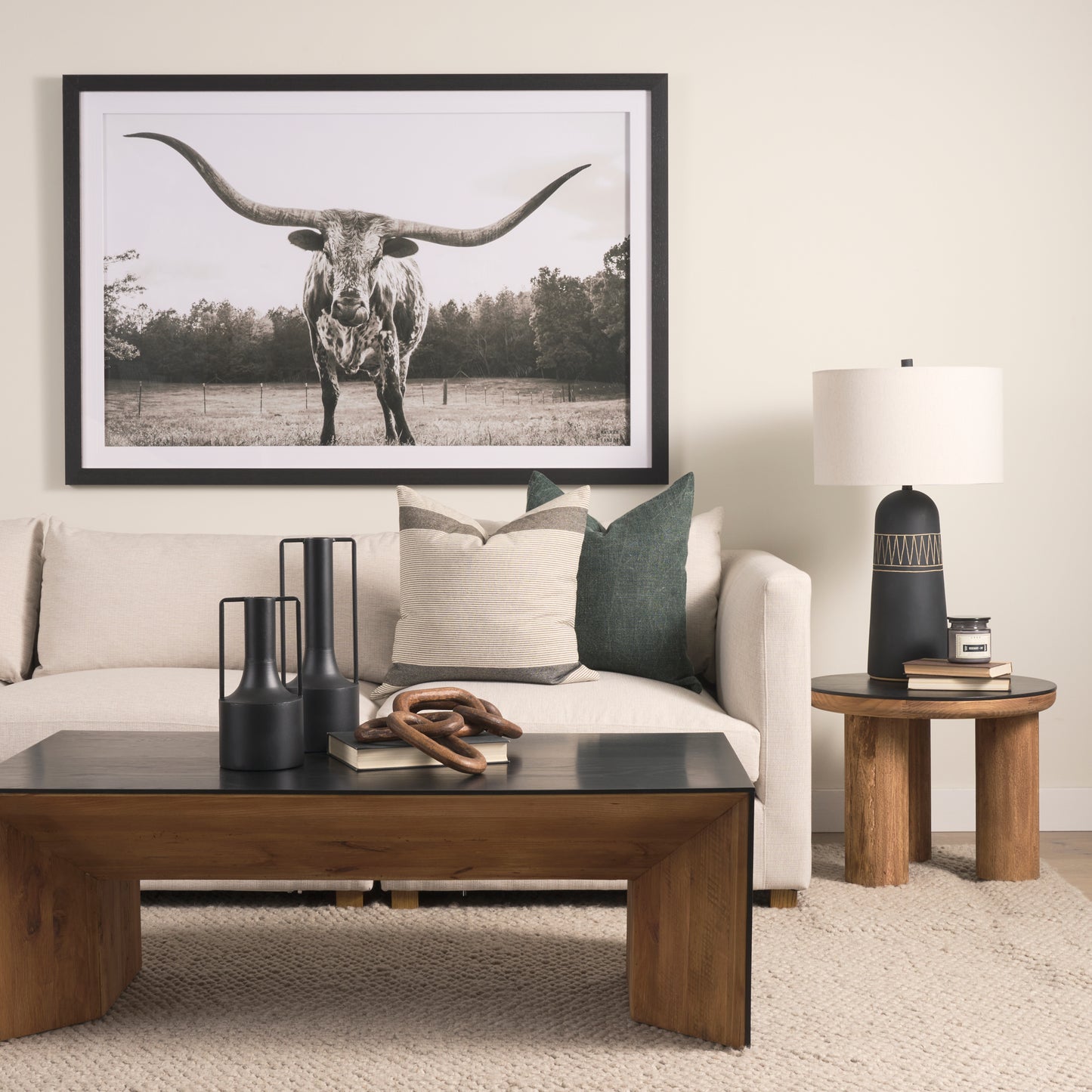 Tabor Natural Wood Coffee Table with Black Oak Waterfall Design - Stylish and Modern Living Room Accent