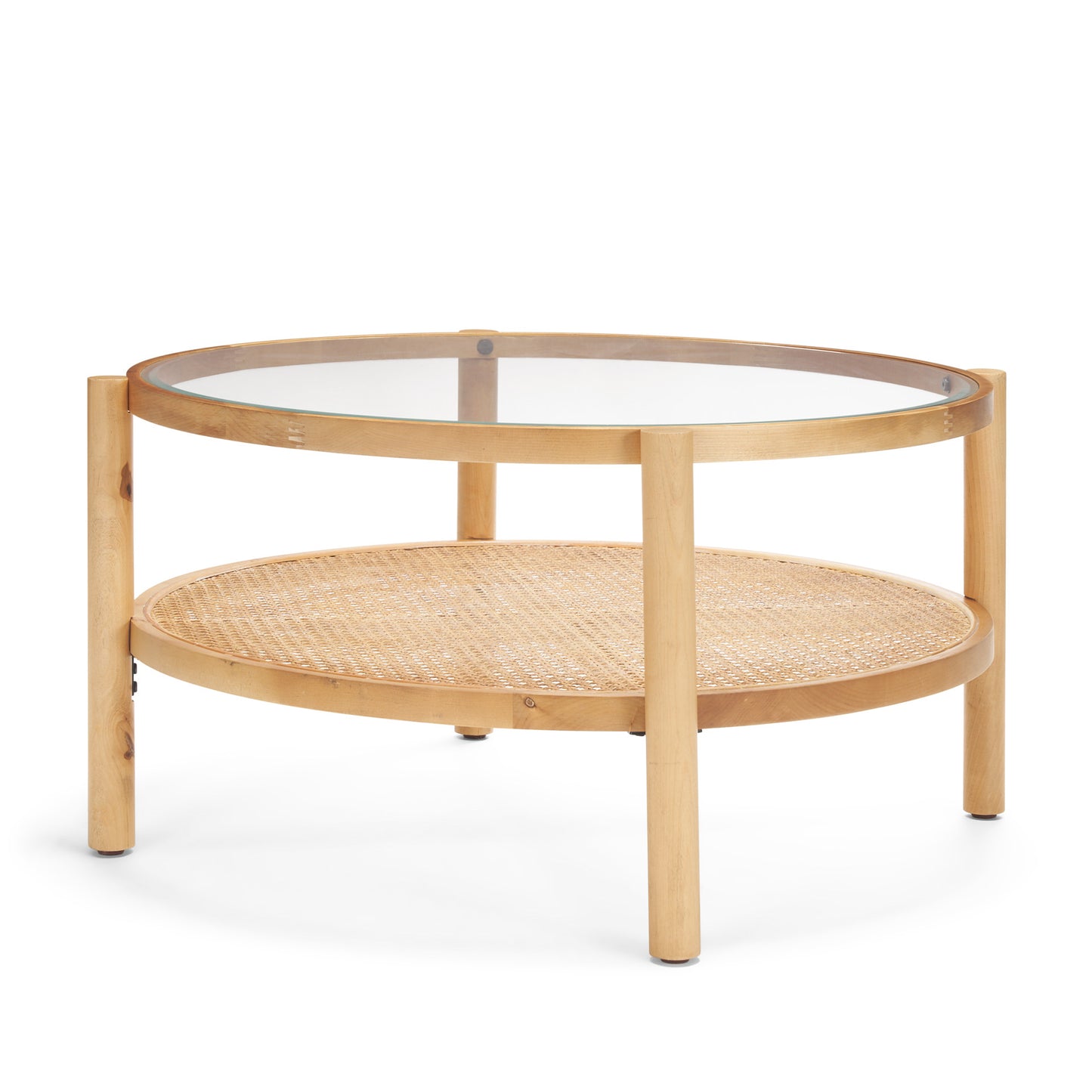 Weslyn Solid Light Brown Wood and Glass Top Coffee Table with Cane - Stylish and Modern Living Room Accent