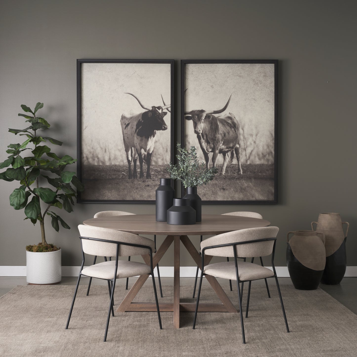 Carolyn Dining Chair Set of 2 with Oatmeal Fabric and Matte Black Metal Frame for Modern Dining Rooms