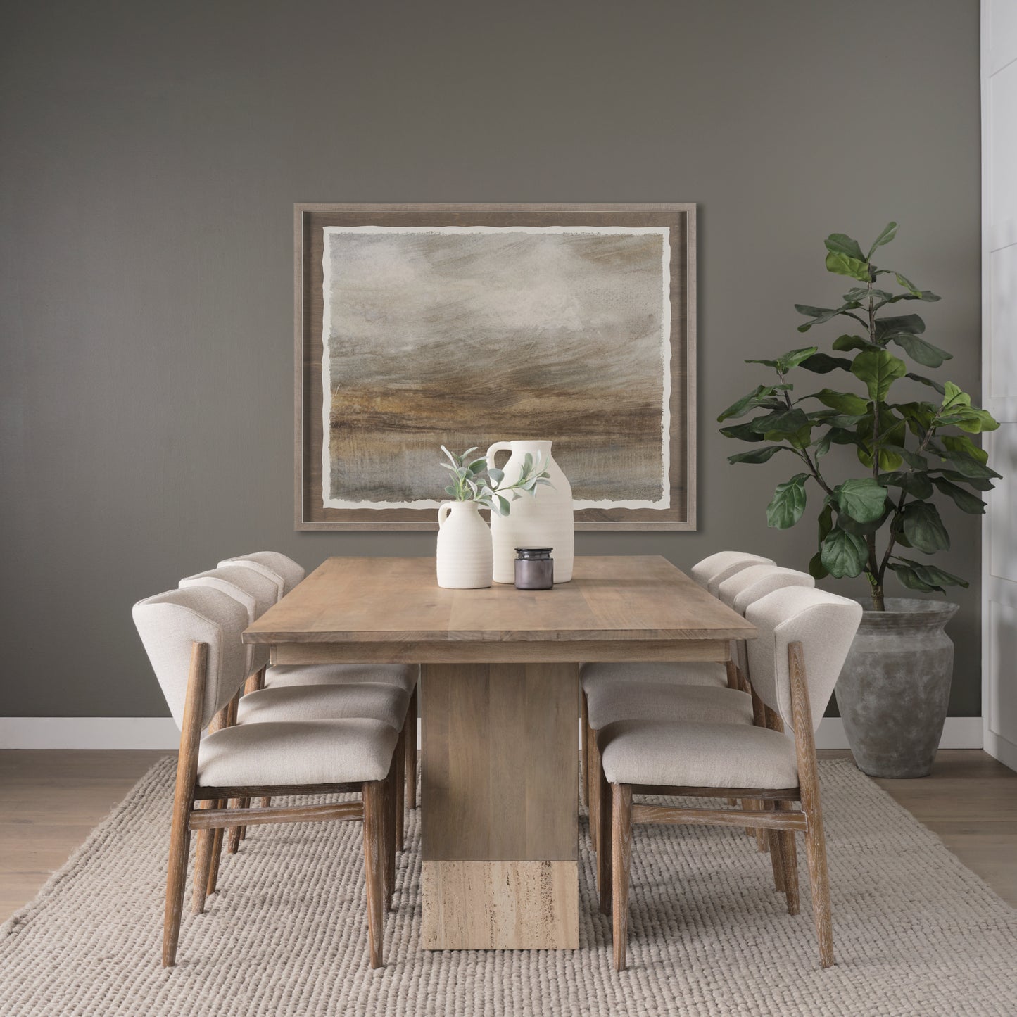 Shivon 84" Rectangular Light Brown Mango Wood Dining Table with Travertine for a Unique and Elegant Dining Experience