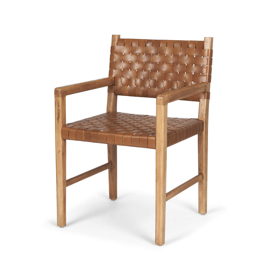Shane Brown Wood Dining Armchair with Woven Brown Leather Seat and Back