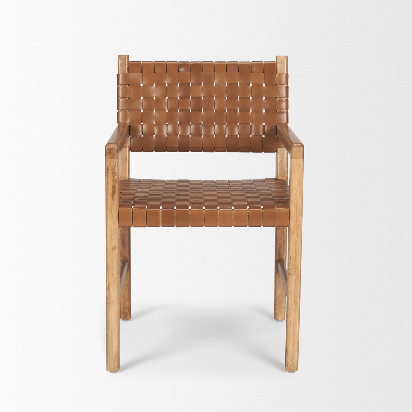 Shane Brown Wood Dining Armchair with Woven Brown Leather Seat and Back
