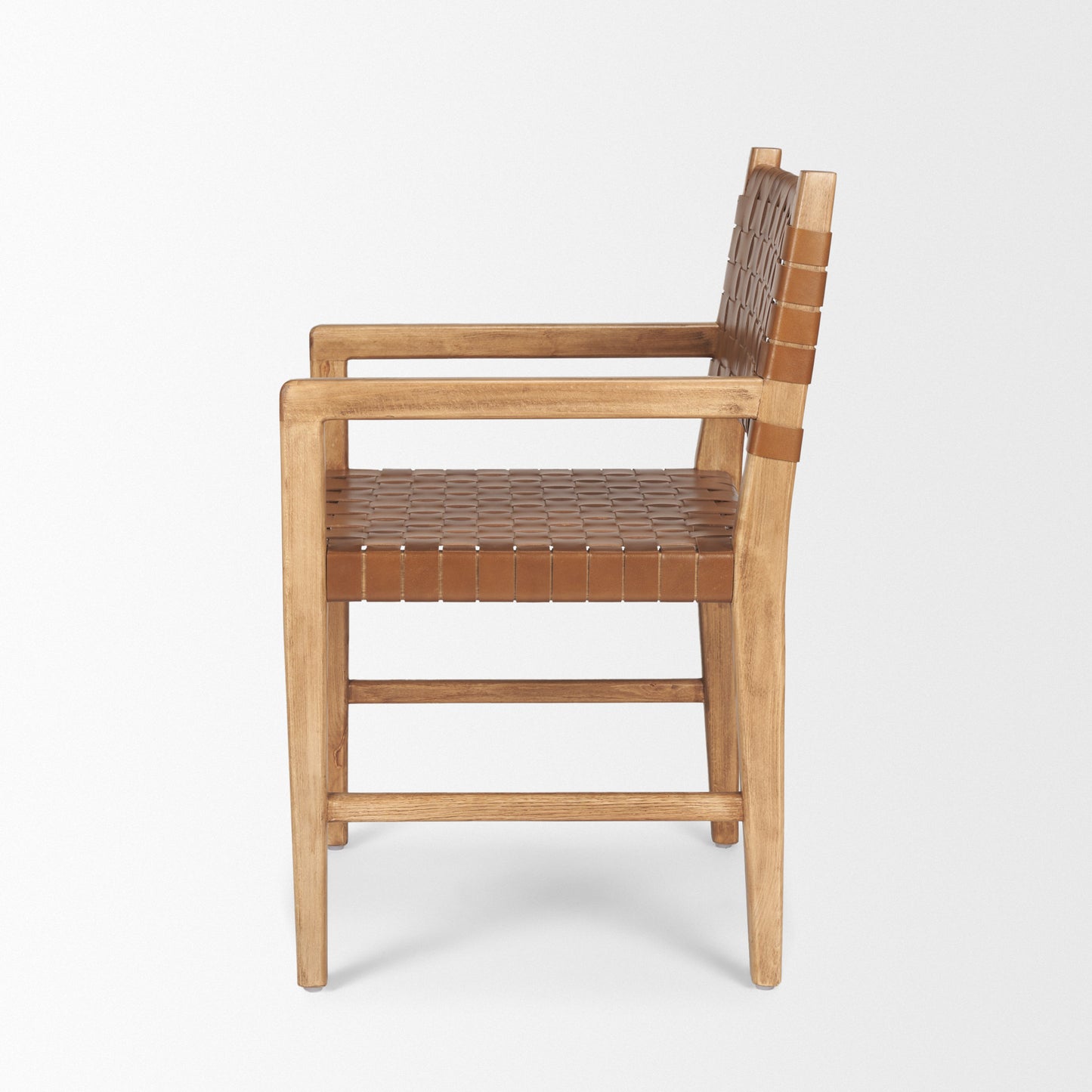 Shane Brown Wood Dining Armchair with Woven Brown Leather Seat and Back