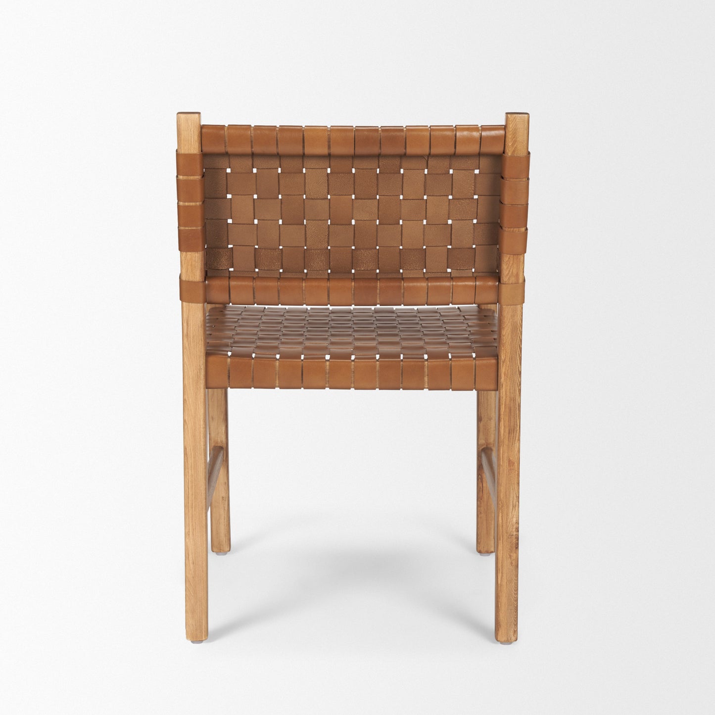 Shane Brown Wood Dining Armchair with Woven Brown Leather Seat and Back
