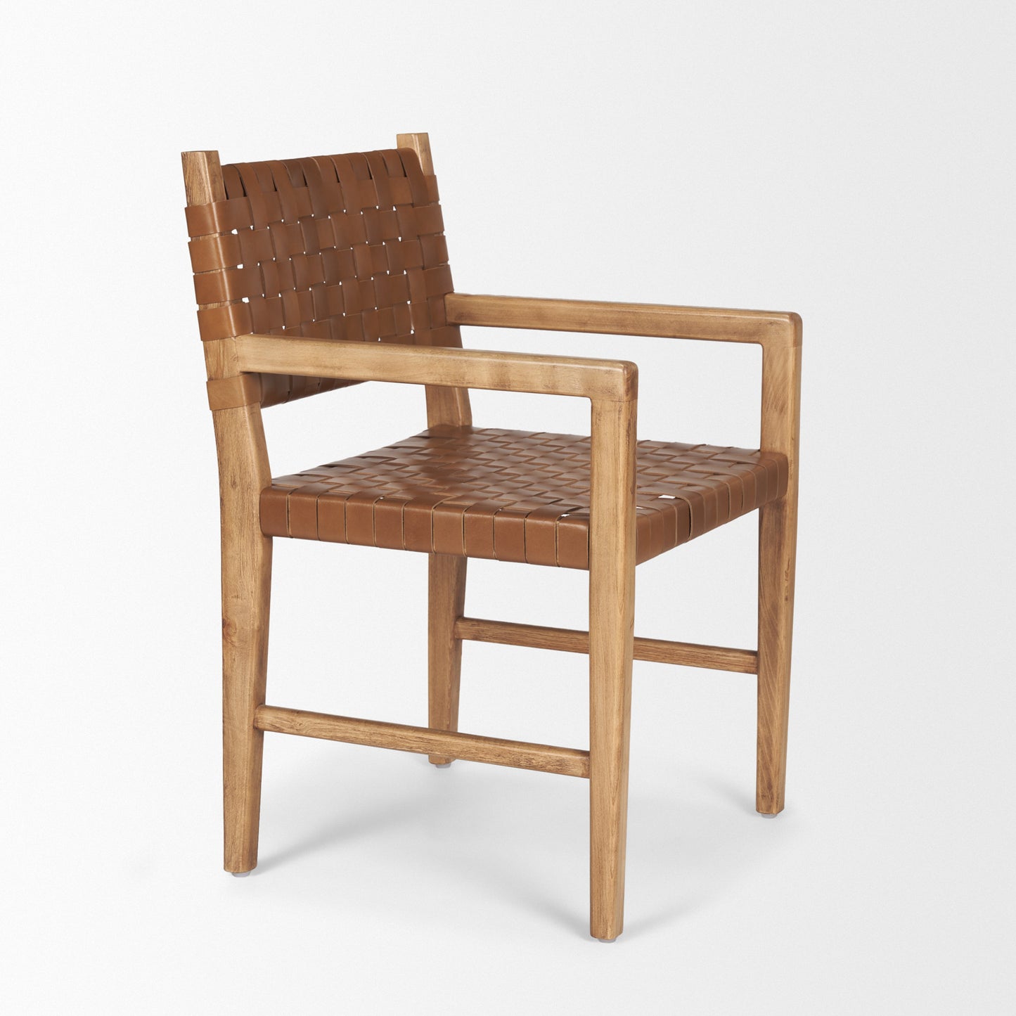 Shane Brown Wood Dining Armchair with Woven Brown Leather Seat and Back